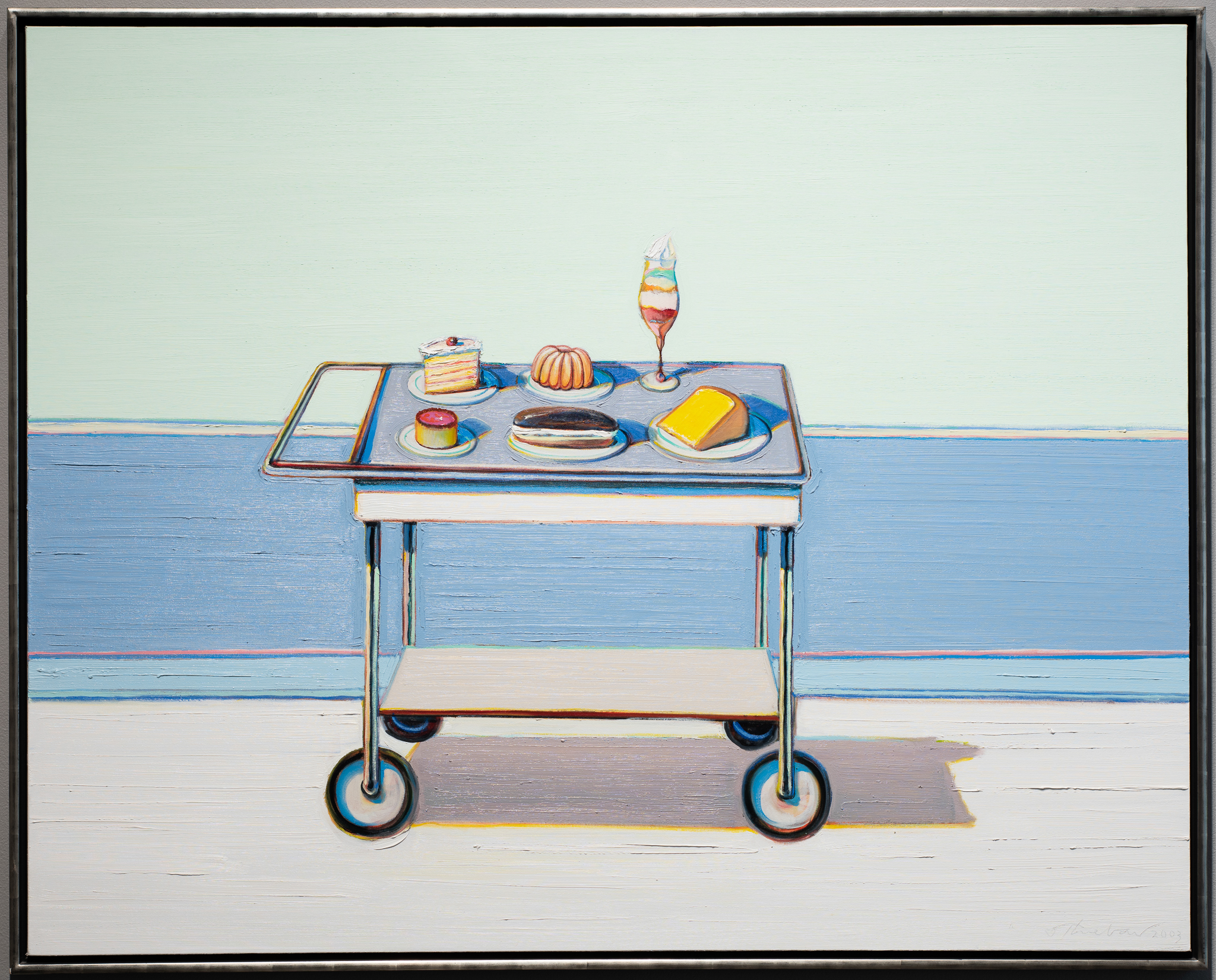 
		Thiebaud began his artistic career as an Army illustrator and cartoonist,
working briefly as an animator for Disney, a freelance commercial artist, and
movie poster designer for Universal Pictures before completing an MFA and
becoming an art professor at Sacramento City College and UC Davis. In his early
professional work as a painter in the 1960s, Thiebaud concentrated on
depicting American food, especially sweet treats like pies, cakes, lollipops, and
ice cream. Dessert Cart hearkens back to these panoplies of sugary fantasy,
which were inspired by the endless color, assortment, and arrangements of
bakery counter displays. Against the somber grey of the cart, the vivid display
of carefully placed desserts tempts the senses. Thiebaud’s thick, almost buttery
application of paint captures the material essence of his subjects – frosting,
cream, pudding – transforming the still life into a sumptuous offering of
comfort and indulgence. 

<a href="JSMA Research Guide-Wayne Thiebaud .pdf"
				target="_blank">Download this study guide.
	
	
	