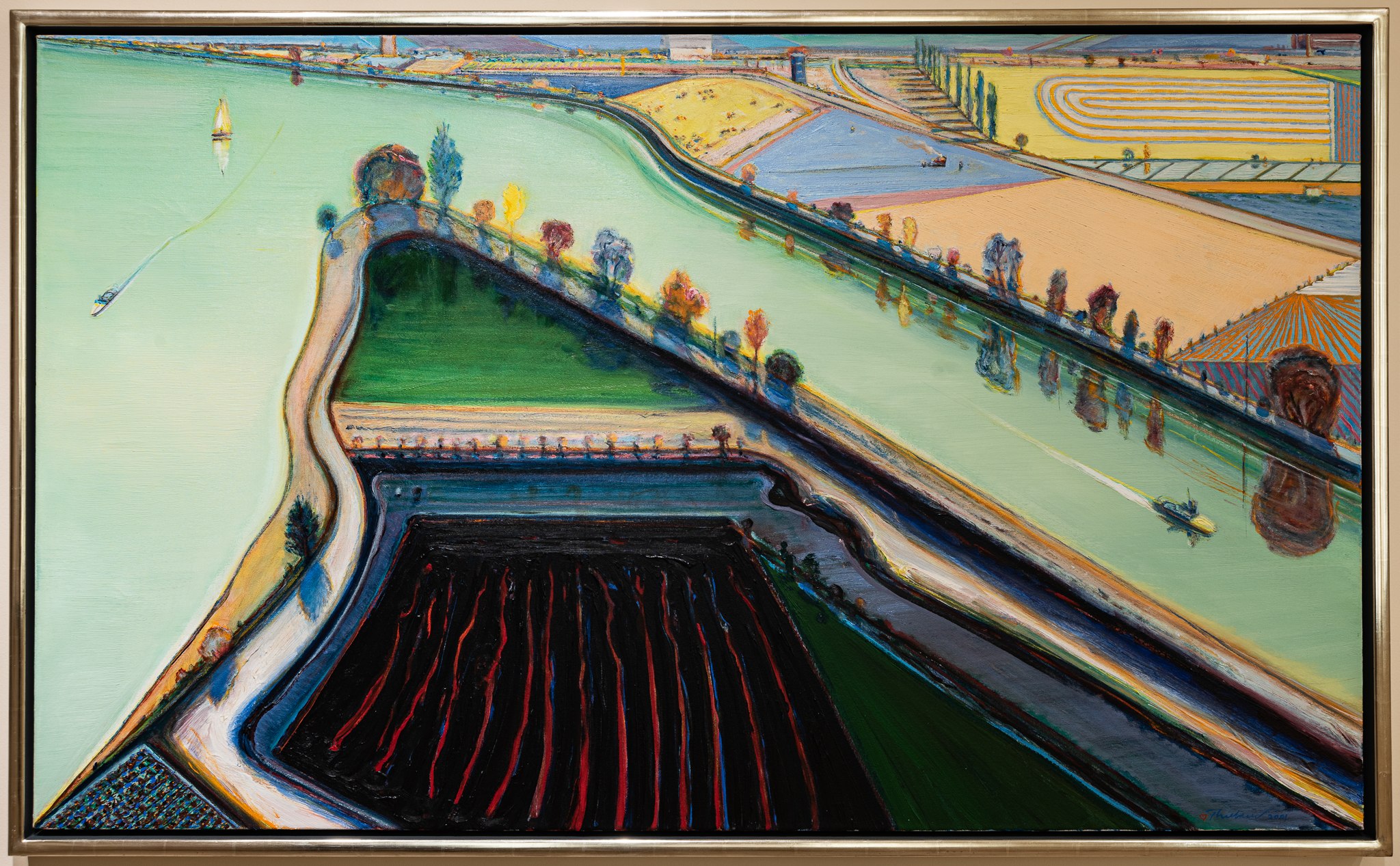 
		Bay Area artist Wayne Thiebaud has eschewed categorization throughout his prolific six-decade career, motivated by a desire “to steal,” in his words, “every kind of idea – western, eastern, and everything I could think of – atmospheric perspective…linear perspective, planal and sequential recessions.” The artist further defines his vision as “many ways of seeing in the same picture – clear forms, hazy, squinting, glancing, staring and even a sort of inner seeing.” Though his earliest canvases of desserts and confection shops in the 1960s drew critical comparisons to the Pop Art movement, Thiebaud identifies his oeuvre in the lineage of the expressive and formal innovations of early twentieth-century European avant-garde. River Boats is a characteristic example of Thiebaud’s bright visions of quintessential West Coast landscapes. Its flattened perspective and chromatic exaggeration signal how his rendition of this pastoral setting is grounded in observations mediated through the artist’s imagination and memory. Despite their titular spotlight, the two river boats nearly become lost within the colorful panorama.
		<a href="images/JSMA Research Guide-Wayne Thiebaud.pdf"
				target="_blank">Download this study guide
	
	