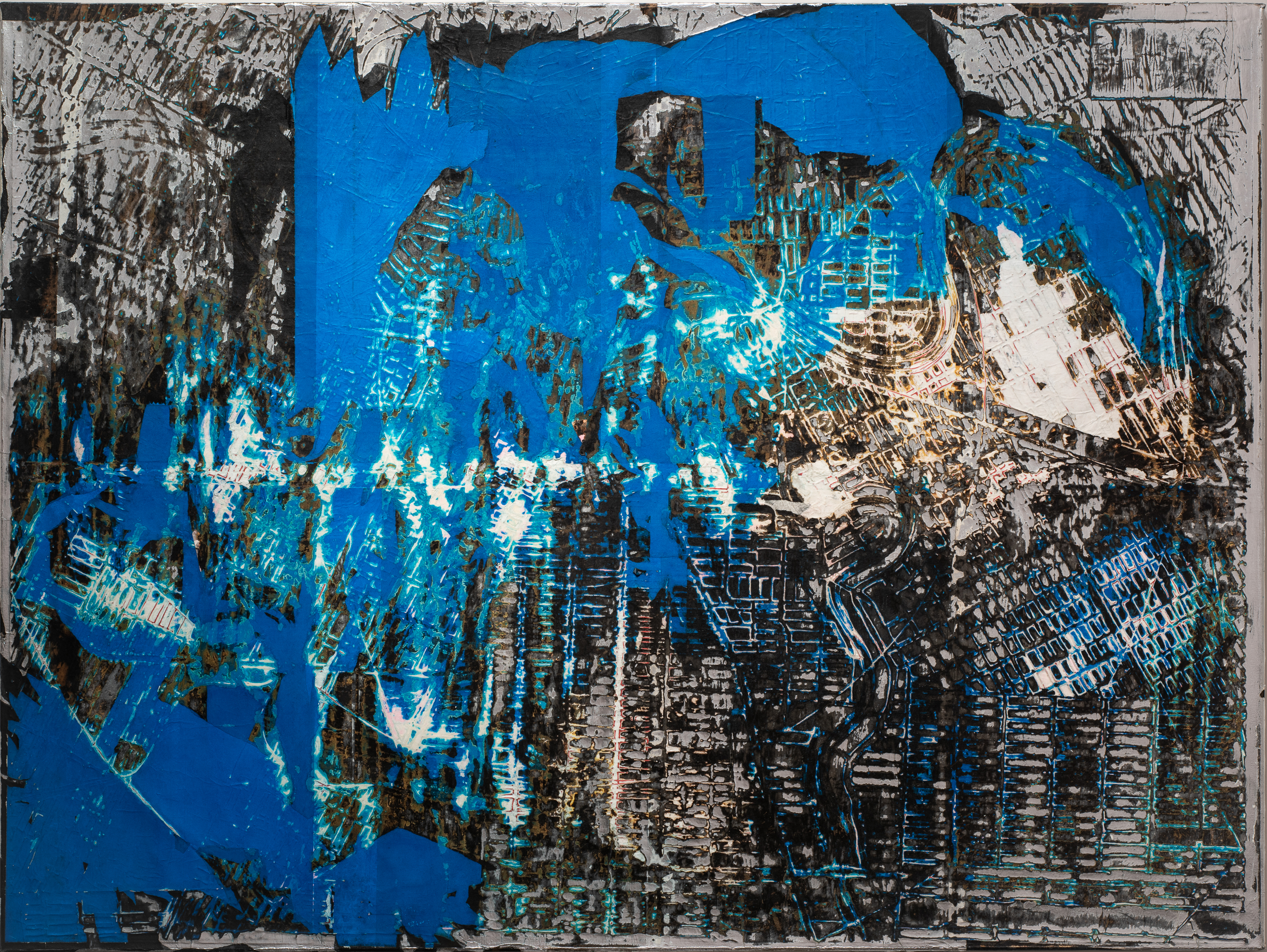 
	Contemporary African American artist Mark Bradford characterizes himself as an excavator and archivist of culture. His trademark mixed-media compositions recycle discarded materials like movie posters, circulars, and newspapers, which he collects from the streets surrounding his studio in South Los Angeles. While his oeuvre has expanded over the last two decades to include installations and video, abstract collaged canvases remain the core of Bradford’s creative practice. Each new work demonstrates his continued dedication to making art that is visually captivating, layered with meaning, and tied to community while engaging with national issues. The enigmatically titled You Don’t Know What Kind of World You Woke Up represents a 2018 series in which the artist returned to one of his early conceptual interests: maps, civic organization, and the physical marginalization of minority communities. Bradford scrapes and sands his constructed layers of paper to create a highly textured surface that recalls an aerial view of a landscape. Vivid blue paint ruptures the ghostly grid-like composition, suggesting the wave of political and social upheaval hinted by the title. <a href="images/JSMA Research Guide-Mark Bradford.pdf"
				target="_blank">Download this study guide.
	
	Resources for this work
		
			2019 exhibition of new work, including You Don’t Know What Kind of World You Woke Up, at <a href="https://www.hauserwirth.com/hauser-wirth-exhibitions/6242-mark-bradford"
				target="_blank">Hauser & Wirth, Hong Kong
			<a href="https://robbreport.com/shelter/art-collectibles/mark-bradford-wows-in-hong-kong-2786070/"
				target="_blank">Interview with gallerist Iwan Wirth, 2019
		
	
