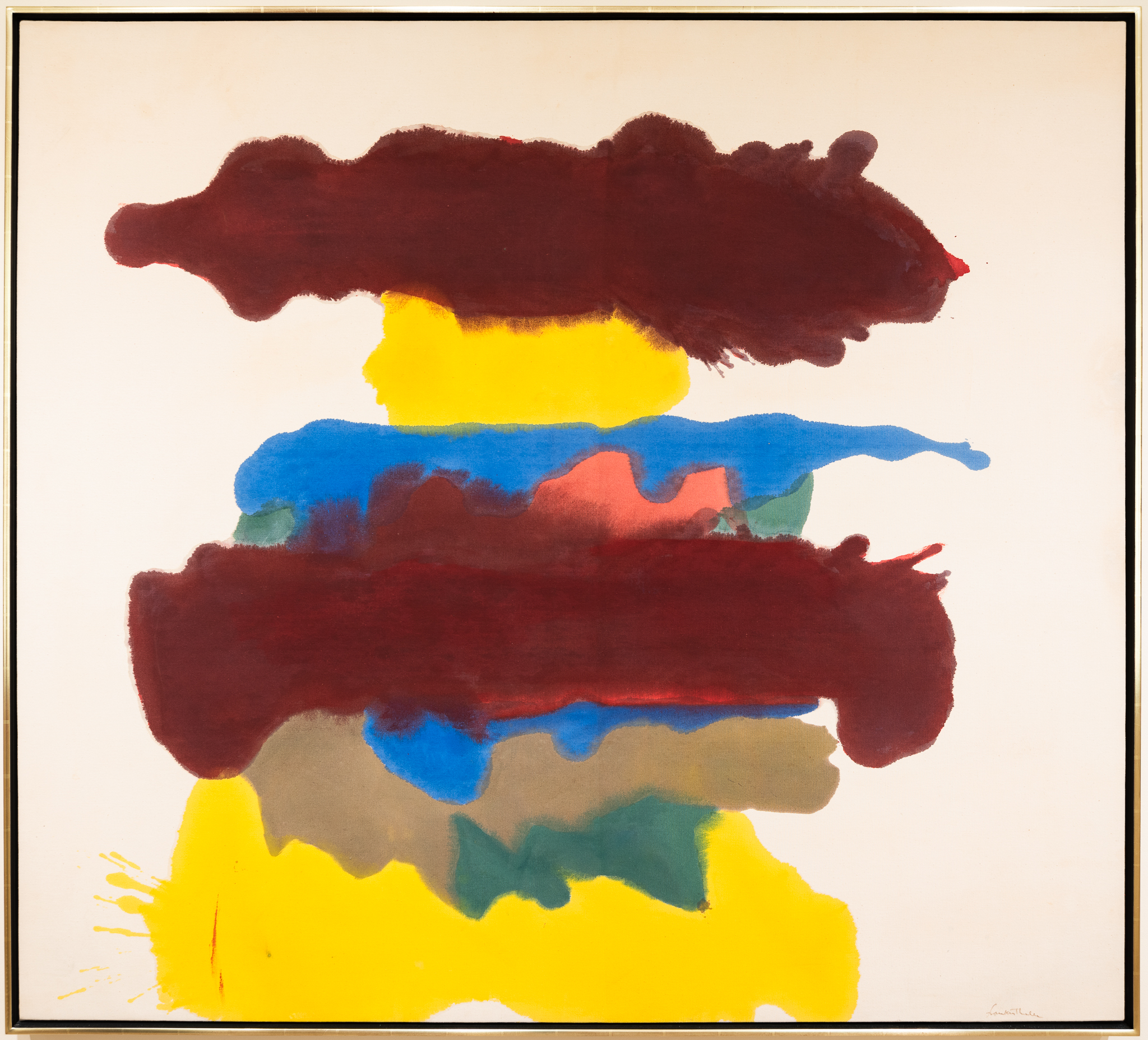 
		Weather Change showcases Helen Frankenthaler’s interest in the traditional genre of landscape, particularly coastal environments. Throughout her career, Frankenthaler enjoyed visiting Atlantic beaches and summering in the idyllic seaside of Provincetown, Massachusetts on Cape Cod, gleaning inspiration from the patterns of sunlight playing off the ocean. Often working from watercolor sketches painted outside, she would return to her studio and complete the final composition using her signature method of pouring diluted acrylic paint onto an unprimed canvas placed on the floor. The technique might suggest unhindered spontaneity, but Weather Change demonstrates Frankenthaler’s careful, controlled consideration and internalization of the natural world. She described the process as “[having] the landscape in my arms as I painted it…[having] the landscape in my mind and my shoulder and wrist.” The horizontal stains of paint suggest abstracted elements of a familiar coastal landscape: a rocky cliff overlooking the ocean, a hint of sunrise or sunset, the nebulous formation of gathering clouds.
		<a href="images/JSMA Research Guide-Helen Frankenthaler.pdf"
				target="_blank">Download this study guide
	