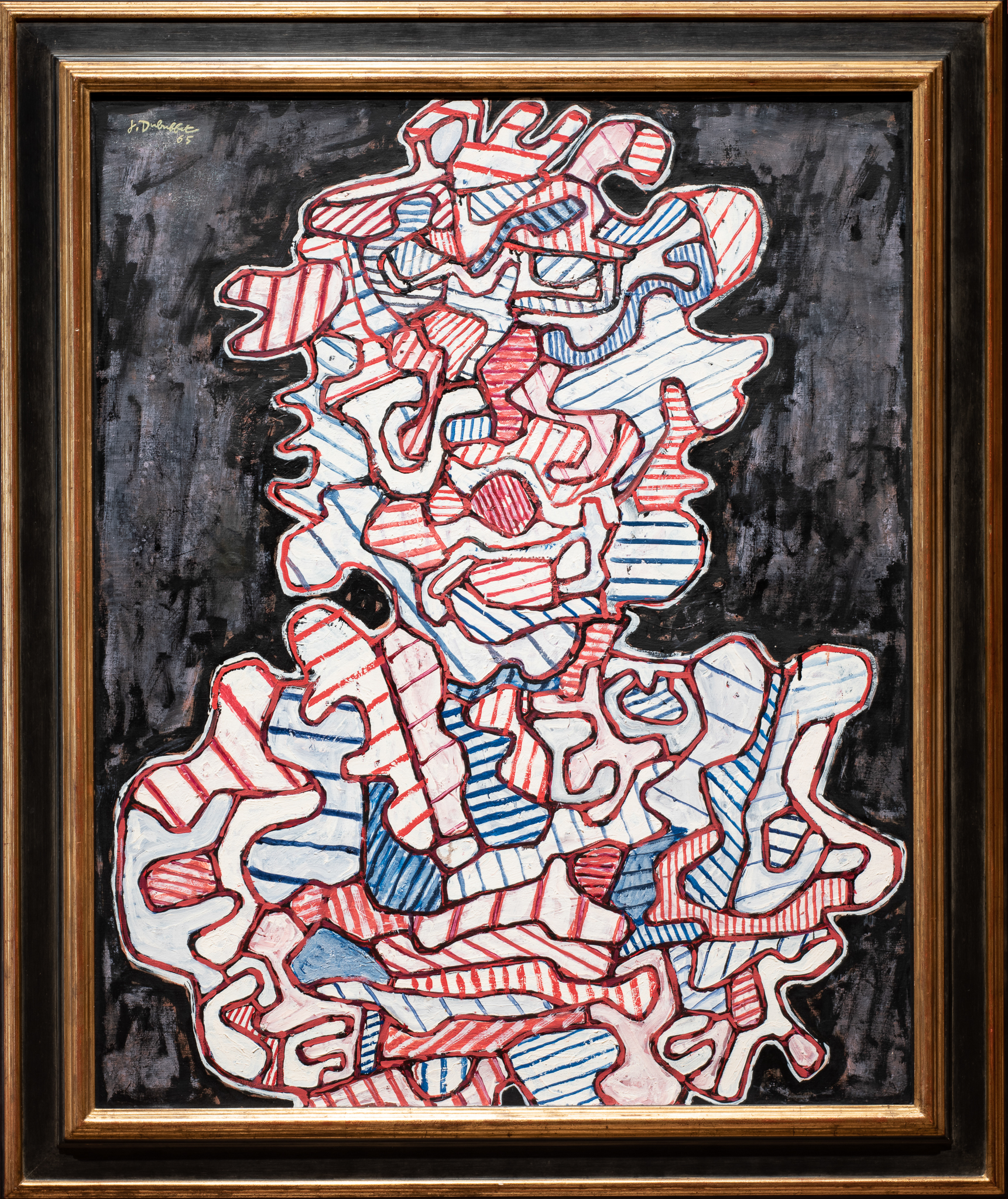 Jean Dubuffet studied painting as a young man but only seriously began making art at age 41. Rejecting his formal education, Dubuffet turned for inspiration to art created by children and the mentally ill. He termed his style art brut, or “raw art,” advocating for an expressive spontaneity untainted by the limitations of academic convention and dominant cultural trends. L’Amphibologique is a prime example, from the series L’Hourloupe, which he began 1962 and worked on for over a decade. The series began as a cycle of drawings in red and blue ballpoint pen inspired by a doodle he produced while on the telephone. Translated through paint, the juxtaposition of the linear with organic curves, of black with primary colors, serves as a visual expression of the titles of the painting and the series. Amphibologique, related to the French adjective amphibolous, refers to the notion of syntactic ambiguity and the multiple meanings that can arise from the relationships between words and clauses within a sentence. Hourloupe merges the French verbs hurler (to roar) and hululer (to hoot) with the noun loup (wolf), creating an ambiguous phonetic jumble. As Dubuffet explained, “it evokes a character who’s at once somewhat enchanting and grotesque: a kind of tragic, growling, lumbering figure.” Download this study guide