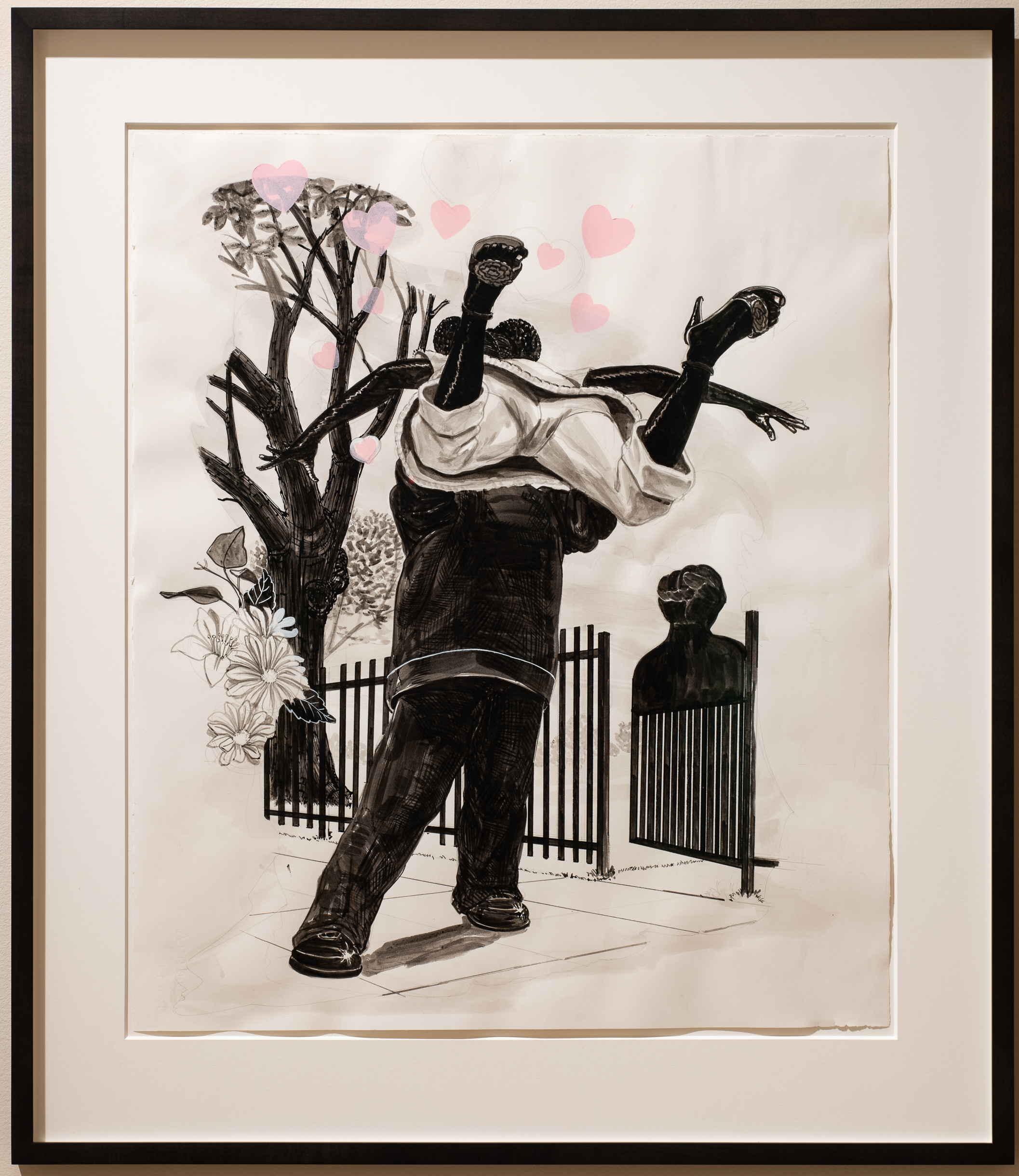 
		Kerry James Marshall was born in Birmingham, Alabama during the formative years of the Civil Rights Movement and moved to Los Angeles just before to the devastating Watts Riots of 1965. These formative experiences shaped his critical approach to painting. His work chronicles the invisible history of Black identities in the canon of Western art, often subverting familiar art historical motifs. Study for Vignette is from Marshall’s seminal Vignettes series (2003-08), which garners inspiration from 18th century French Rococo masterpieces. Marshall brings the period’s romanticized images of aristocratic courtship, pleasure, and frivolity into the present to expose the persistent contradictions between romantic ideals and political reality. Loosely inspired by Jean-Honoré Fragonard’s The Swing (1767), the lovers in this vignette occupy their space with a sense of intimacy and belonging, placing their bodies firmly within an artistic canon that had rendered their presence invisible. They appear an idyllic, celebratory symbol of love. Marshall undermines the classical archetype, however, removing the display of luxury associated with the Rococo and inserting floating pink hearts as notes of satire and cynicism. Throughout the series, he adds further critique in what he refers to as “classical ideals of Black independence and Black nationalism” – visible here in a gate that doubles as an iconic commodity from the 1970s: an afro pick with the clenched fist symbol of the Black Power Movement.
		<a href="images/JSMA Research Guide-Kerry James Marshall.pdf"
				target="_blank">Download this study guide
	
	