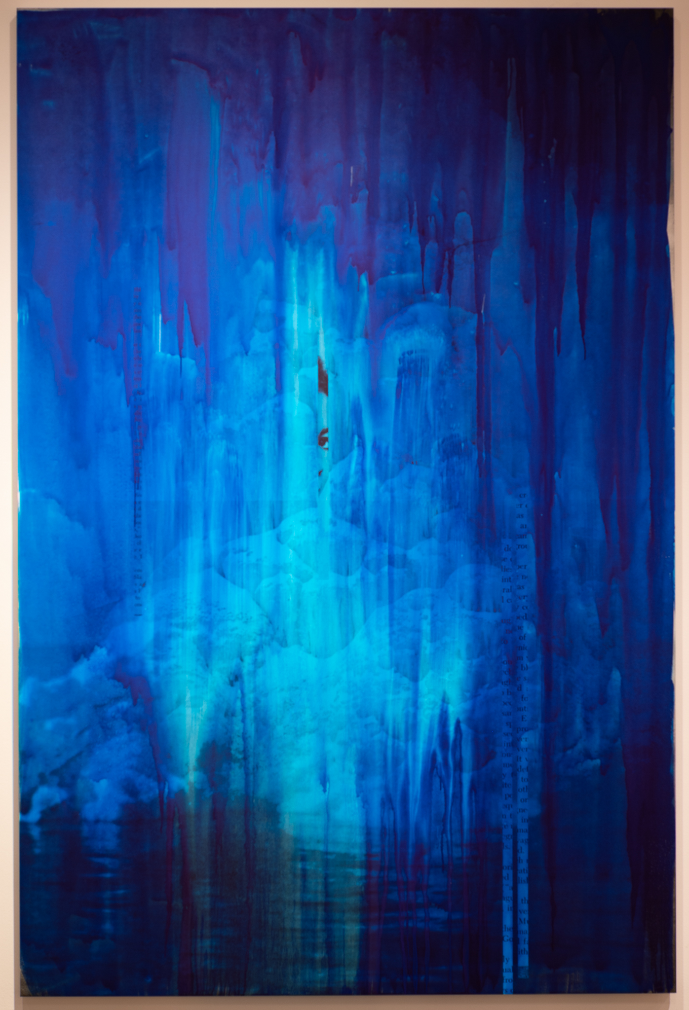 Howling is a stellar example of an evolving series of large-scale paintings begun in 2018. It combines Simpson’s distinctive use of text and found images –cut from her favored sources of Jetand Ebonymagazines –with timeworn photographs from arctic expeditions. Strips of text linger in the dripping azure haze, forming a curtain in the frozen landscape from which a woman’s face can be glimpsed peeking through, a mix of caution and daring in her eye. The shifting blues and layers of ink, paint, and digitally enhanced photography that define the series embody Simpson’s grief for the socio-political division, isolation, and unrest she feels increasingly permeating the United States. “It does feel like a preoccupation with an environment that is historically inhospitable, with very dire rules for survival,” she reflected in 2019, speaking of the works as psychological mirrors to the “heightened inhospitable condition” of daily life.Download this study guide.