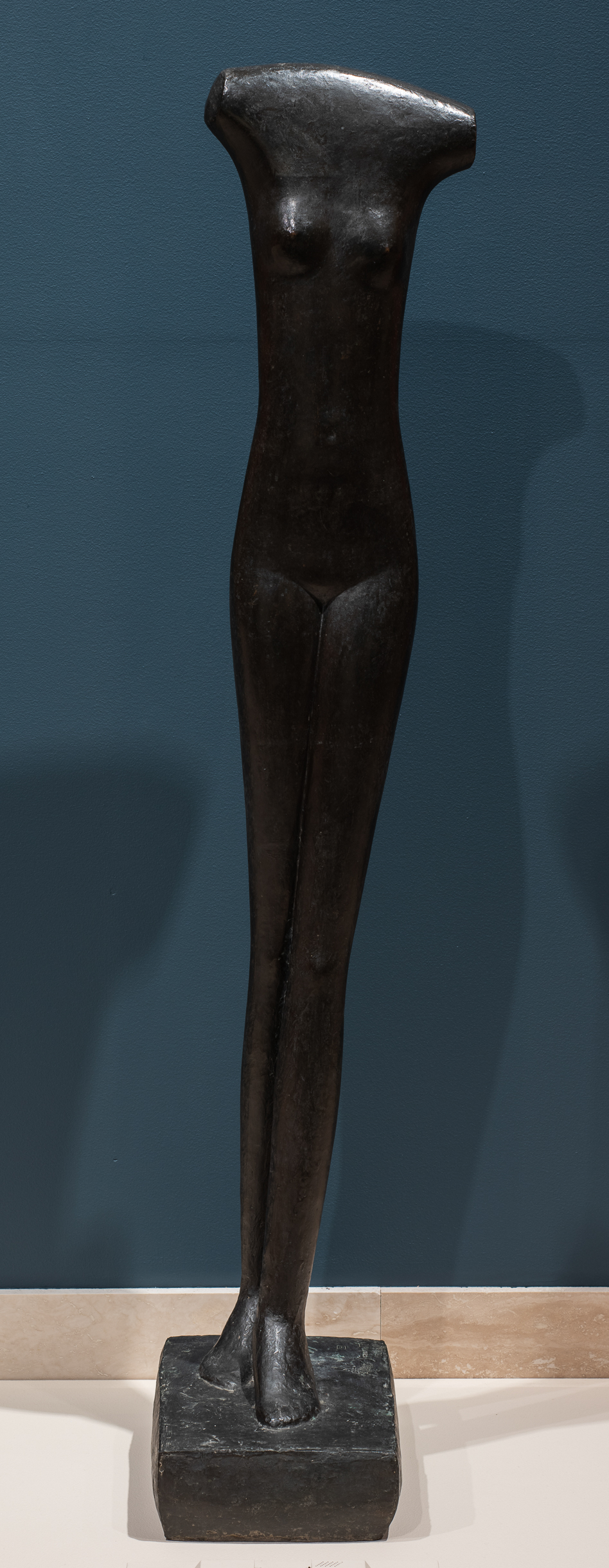 Sculptor and painter Alberto Giacometti studied in Geneva and worked mostly in Paris, where he settled in 1922. It was here that Giacometti witnessed the radical experimentations of the city’s avant-garde movements, such as Cubism and Surrealism, which introduced new avenues of expression to his philosophical interest in the human condition. The physically and psychologically haunting array of tall, slender figures he produced after WWII established Giacometti as one of the most important sculptors of the 20th century. Femme qui Marche II (Woman Walking II) provides a glimpse into the artist’s brief flirtation with Surrealism in the early 1930s. He found affinity with the movement’s visionary embrace of dreams, the unconscious, and the uncanny, which he incorporated into a renewed interest in the human figure. Despite the title, this “walking” woman seems to stand perfectly still. Absent a head and arms, with regal posture and subtle contrapposto, she evokes the ancient statuary of Egypt, Greece, and Rome that Giacometti sketched during trips to the Louvre. Download this study guide.
